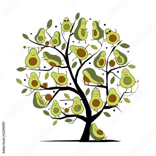 Funny avocado family tree, cartoon characters. Concept art for your design. Sport, relax, yoga, activity, Heart shape frame for your design. Vector illustration