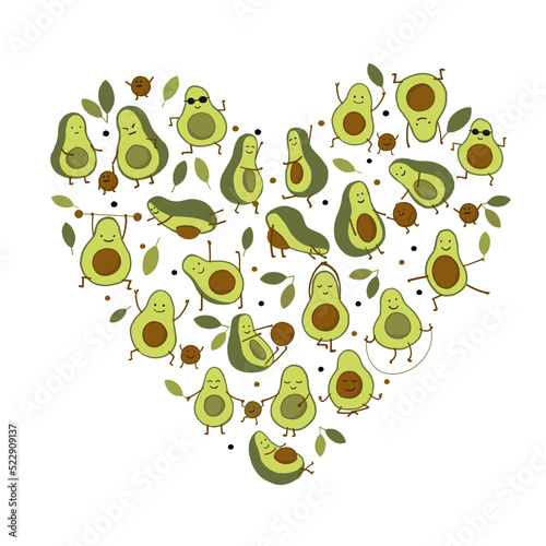 I love Avocado. Funny fruit family, cartoon characters. Sport, relax, yoga, a...