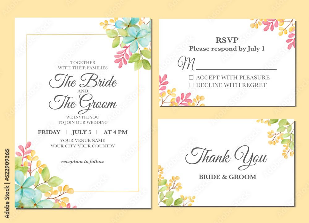 Manual painted of flower watercolor as wedding invitation.