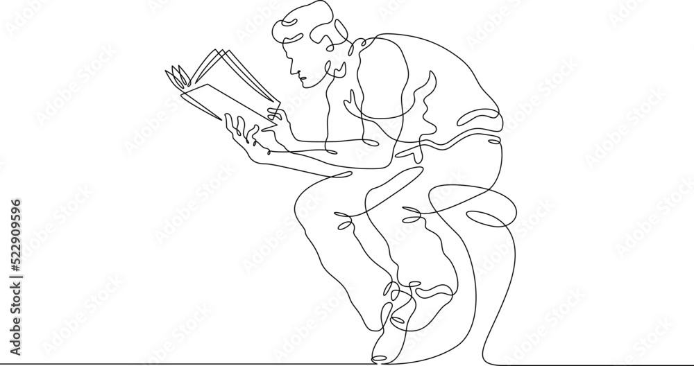 One continuous line.A man is reading a book. Male character with a book. Dreamer reading. Education and knowledge. One continuous line is drawn on a white background.