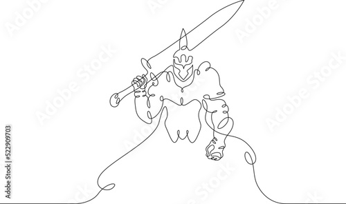 One continuous line.Medieval knight. Fantasy hero in heavy armor. Warrior in combat attire.One continuous line is drawn on a white background.