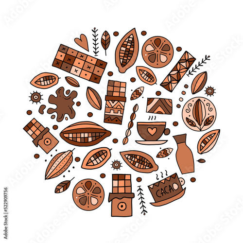 Chocolate, cacao and sweets. Concept art circle frame for your design. Vector...