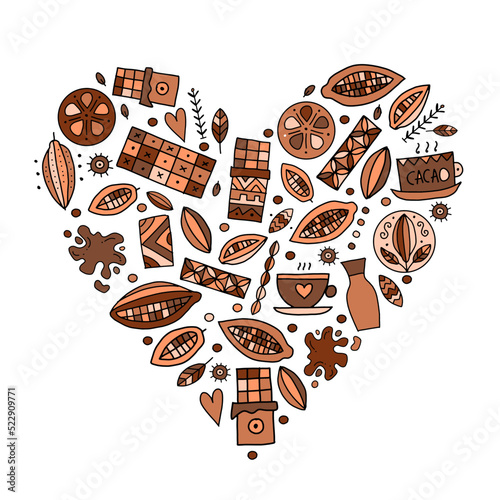 I love Chocolate, cacao and sweets. Concept art, heart shape for your design. Vector illustration