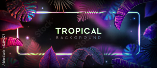 Summer background with neon frame and  fluorescent tropic leaves. Nature concept. Vector illustration