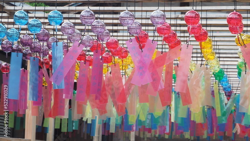 Coloful wind chime swaying in the wind(hanging wind bell in the summer)