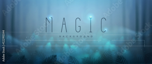 Forest in the fog magic background with fern and smoke. Vector illustration