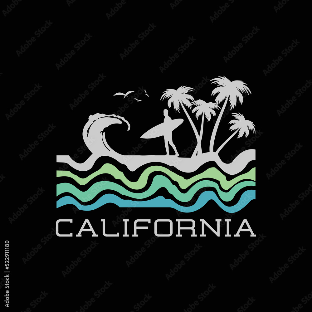 Naklejka premium California surfing illustration t-shirt and apparel design