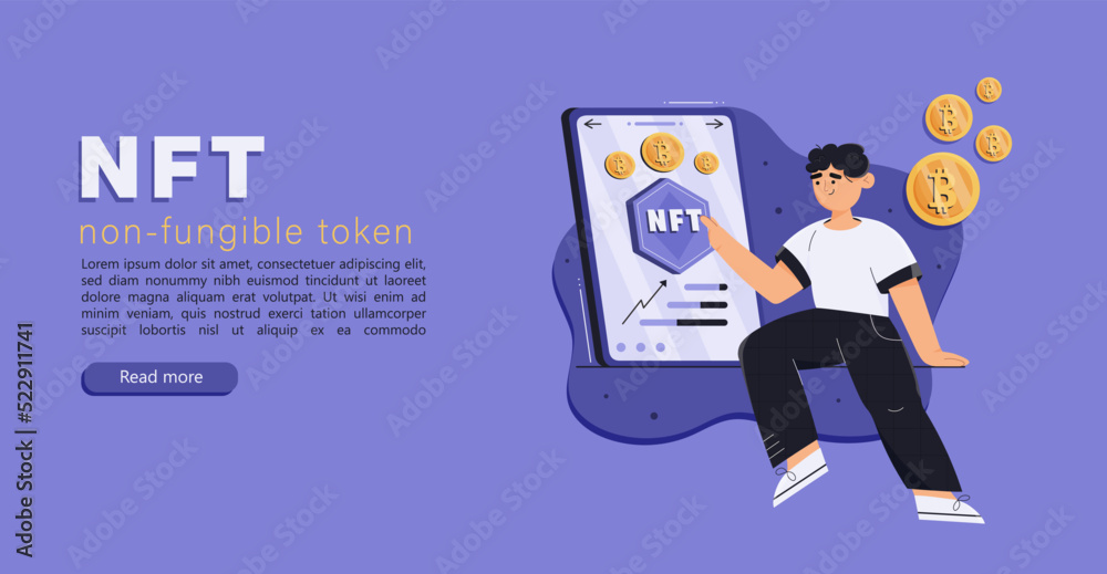 NFT concept with man. Banner with man getting income from NFT, cryptoart through mobile phone. Phone with cryptocurrency coins or bitcoins. Technology of selling NFT tokens for cryptocurrency. Non-fun NFT concept with man. Banner with man getting income from NFT, cryptoart through mobile phone. Phone with cryptocurrency coins or bitcoins. Technology of selling NFT tokens for cryptocurrency. Non-fun