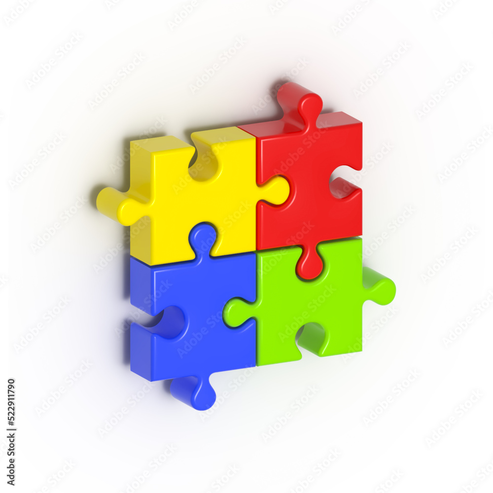 Jigsaw puzzle, 4 colourful colours, puzzles, education, development, mental health, autism awareness, 3D illustration Jigsaw puzzle, 4 colourful colours, puzzles, education, development, mental health, autism awareness, 3D illustration
