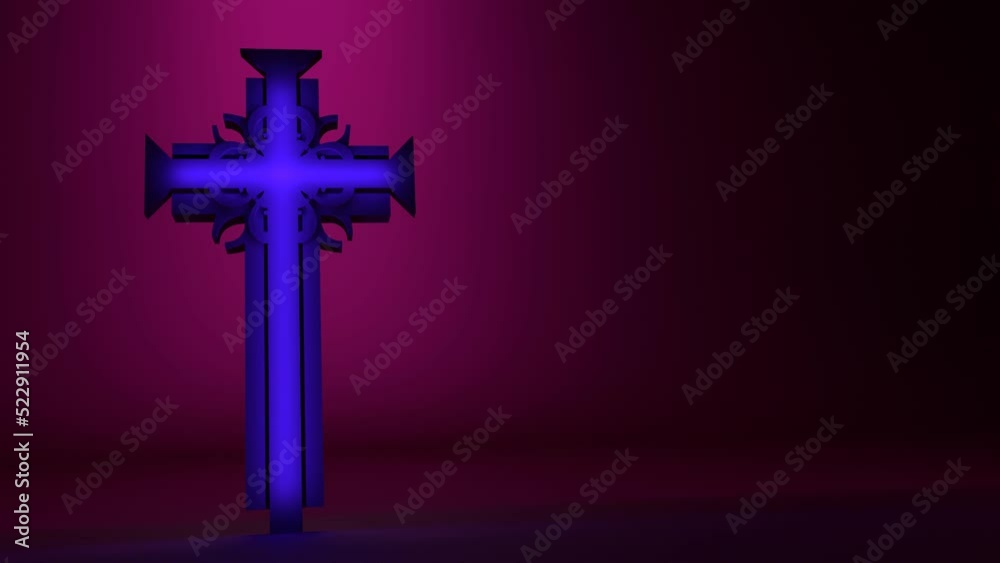 Neon shine christian cross with backlight. Religion concept animation. 3D render Neon shine christian cross with backlight. Religion concept animation. 3D render