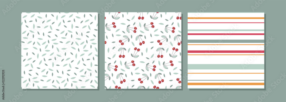 Seamless pattern set. Three pattern cherry collection. Abstract Seamless pattern with cherry, leaves, strips on white background. Backgrounds for textile, wrapping paper, wallpaper, cover design. Seamless pattern set. Three pattern cherry collection. Abstract Seamless pattern with cherry, leaves, strips on white background. Backgrounds for textile, wrapping paper, wallpaper, cover design.
