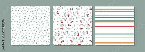 Seamless pattern set. Three pattern cherry collection. Abstract Seamless pattern with cherry, leaves, strips on white background. Backgrounds for textile, wrapping paper, wallpaper, cover design.