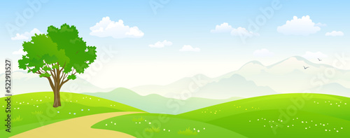 Cartoon summer landscape panorama, green hills, mountains and blue sky background