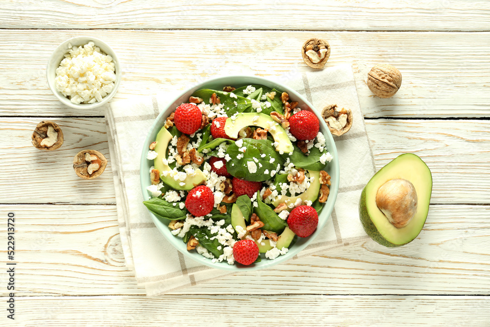 Concept of tasty salad, salad with strawberry, top view Concept of tasty salad, salad with strawberry, top view