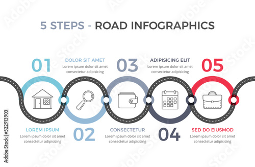 Road infographics template with five elements with place for your icons and text