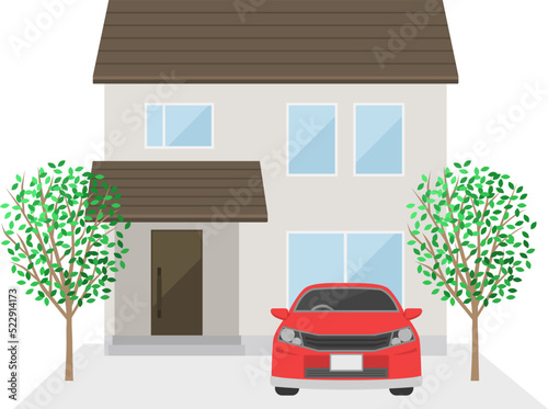 自動車が駐車された、戸建住宅のイラスト