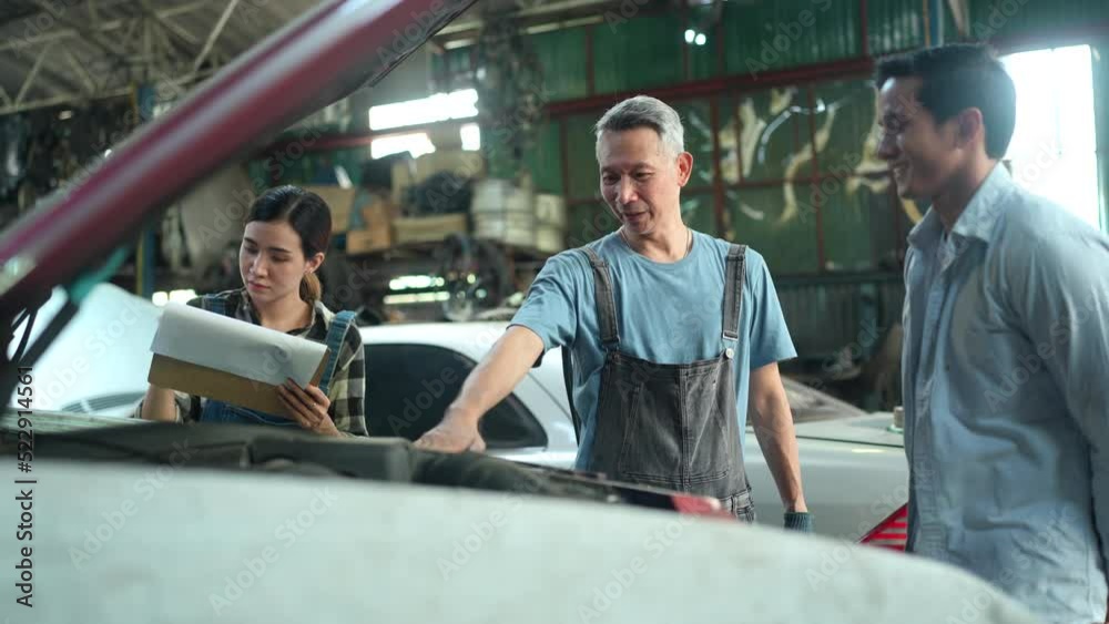 auto car service maintenance concept, customer person discussion and talking with mechanic technician for automobile occupation job to vehicle checking and repair, meeting with client in garage