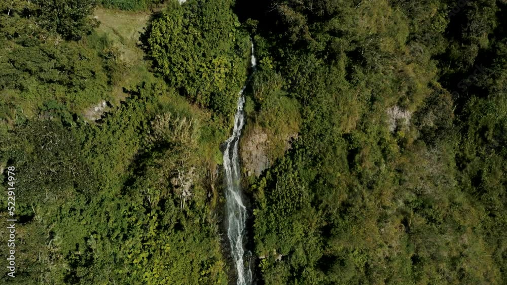 Drone Shot Of The Scenic Cascada de la Virgen, A Tourist Attraction In Baños de Agua Santa, Ecuador Drone Shot Of The Scenic Cascada de la Virgen, A Tourist Attraction In Baños de Agua Santa, Ecuador