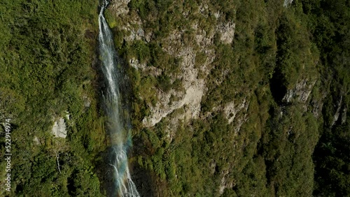 Breathtaking View Of Cascada De La Virgen Waterfall In The City Of Banos, Tungurahua Province of Ecuador. Aerial Drone Shot