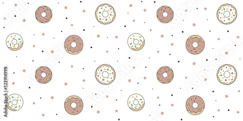 Cute donuts with funny faces on a white background with small stars and dots. Endless texture with kawaii dessert characters. Vector seamless pattern for cover, packaging, printing on clothes and bags