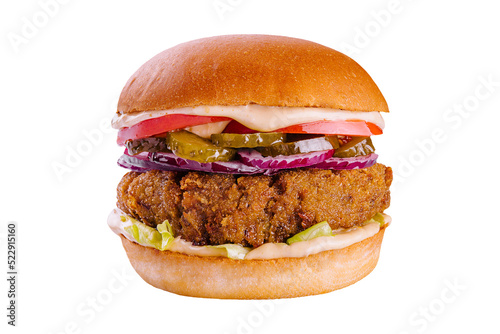 cheeseburger with beef patty, pickles, cheese, tomato, onion, lettuce and ketchup mustard isolated on white background