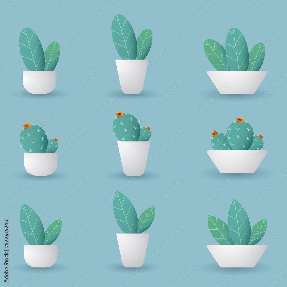 Indoors decorative house plants in pots. Home or office garden with Cactus, Succulent and tropical leaves. Flat or cartoon icons vector illustration for home or office decor and botanical design. Indoors decorative house plants in pots. Home or office garden with Cactus, Succulent and tropical leaves. Flat or cartoon icons vector illustration for home or office decor and botanical design.