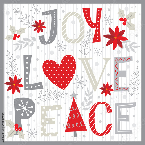 christmas card with christmas lettering, joy, love, peace