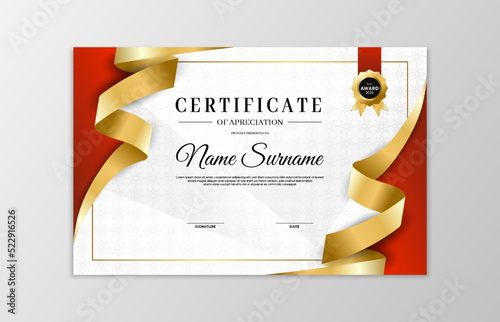Red and gold certificate border template. For appreciation, business and education needs