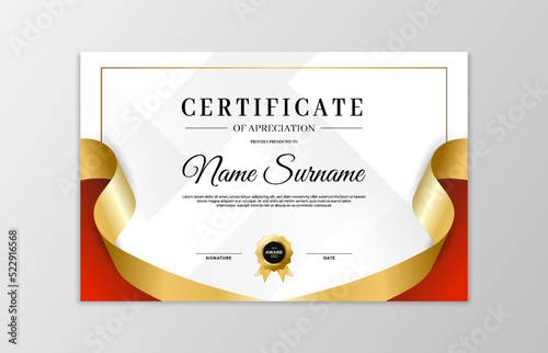Red and gold certificate border template. For appreciation, business and education needs