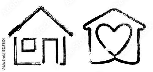 Brush stroke handdrawn style house icons vector graphic set. Sweet home sign, painted homepage web icon. Country house, family shelter. Home buildint logo set. Village building collection