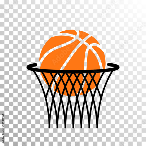 Basketball orange ball in net vector logo illustration. Basket hoop rim, net. Sport equipment. Orange ball in basket. Basketball goal score moment. Sport street game logo. Professional hobby equipment