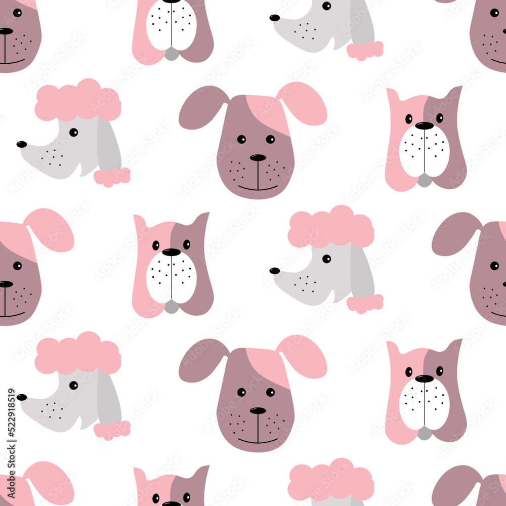 Cartoon dog heads. Animal pattern. Vector illustration isolated on white background. For kids, prints, posters, apparel, packaging, brochures and covers.