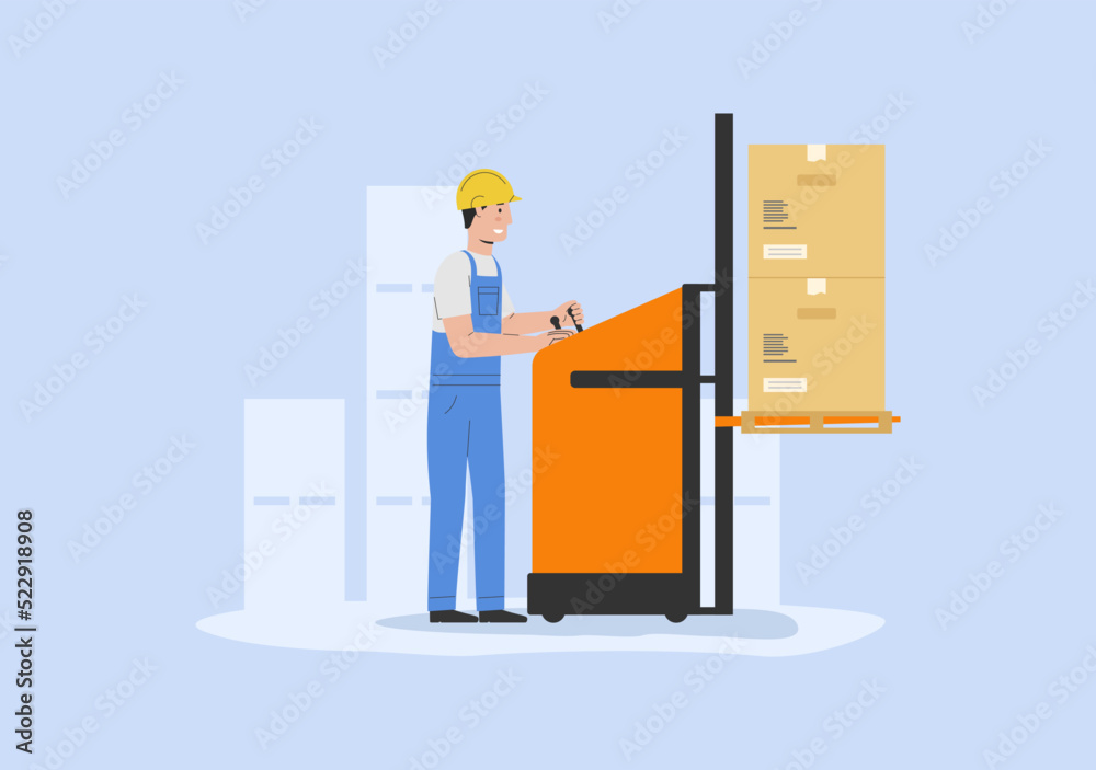 Concept Of Warehouse. Storehouse Cheerful Worker In Uniform Loading Cardboard Boxes With Electric Pallet Truck Stacker. Delivery Service With Curier. Cartoon Linear Outline Flat Vector Illustration Concept Of Warehouse. Storehouse Cheerful Worker In Uniform Loading Cardboard Boxes With Electric Pallet Truck Stacker. Delivery Service With Curier. Cartoon Linear Outline Flat Vector Illustration