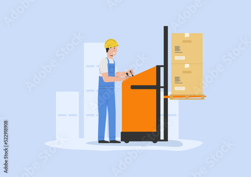 Concept Of Warehouse. Storehouse Cheerful Worker In Uniform Loading Cardboard Boxes With Electric Pallet Truck Stacker. Delivery Service With Curier. Cartoon Linear Outline Flat Vector Illustration