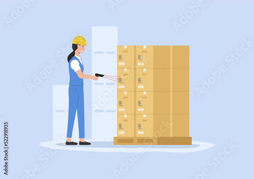 Concept Of Warehouse And Courier Delivery. Storehouse Worker In Uniform Scanning Parcels By Barcode Scanner. Warehouse With Cardboard Boxes On Pallet. Cartoon Linear Outline Flat Vector Illustration