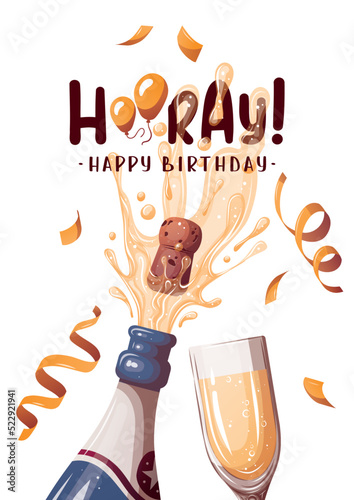 Birthday card with Champagne, glass, serpentine and handwritten phrase. Birthday party, celebration, holiday, event, festive, congratulations concept. Vector illustration. Postcard, card, cover.