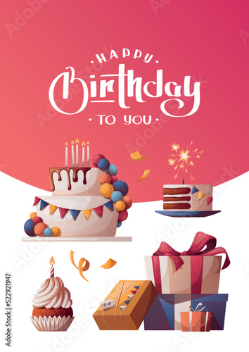 Birthday card with cake, cupcake, gift boxes. Handwritten lettering. Vector illustration. Postcard, card. cover, invitation template.