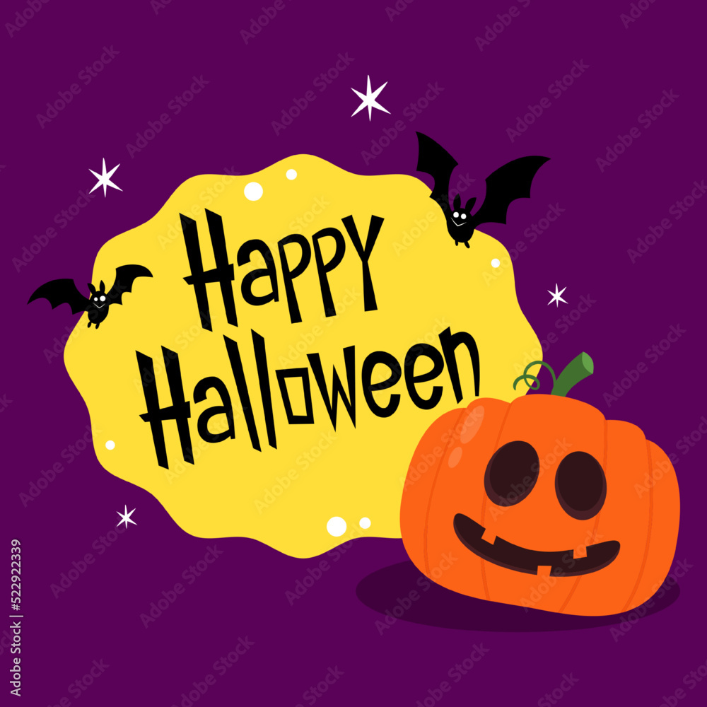 Happy halloween greeting card with cute pumpkin. Holidays cartoon character. Halloween pumpkin head vector.