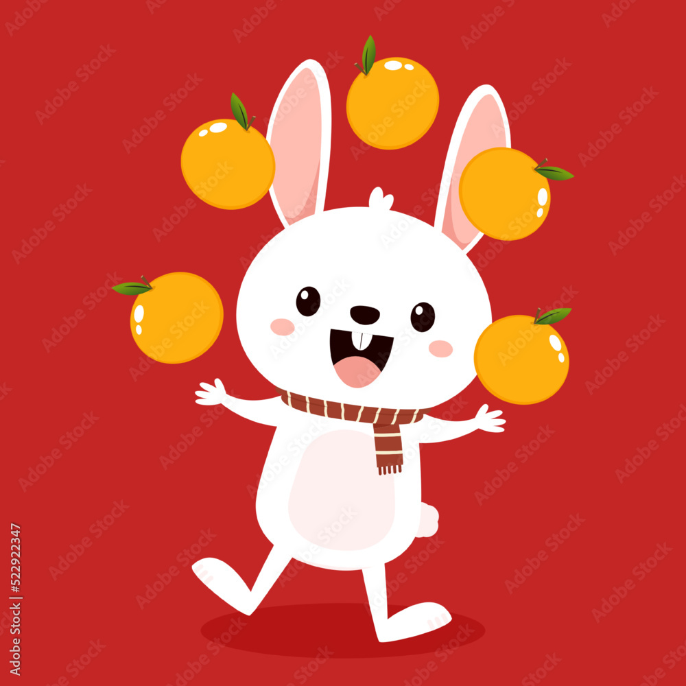 Naklejka premium Happy Chinese new year greeting card 2023 with cute rabbit with oranges. Animal holidays cartoon character. Cute Rabbit on red background. Chinese New Year Mandarin Orange.