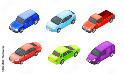 Urban Transport and Vehicle with Motor Car Isometric Vector Set