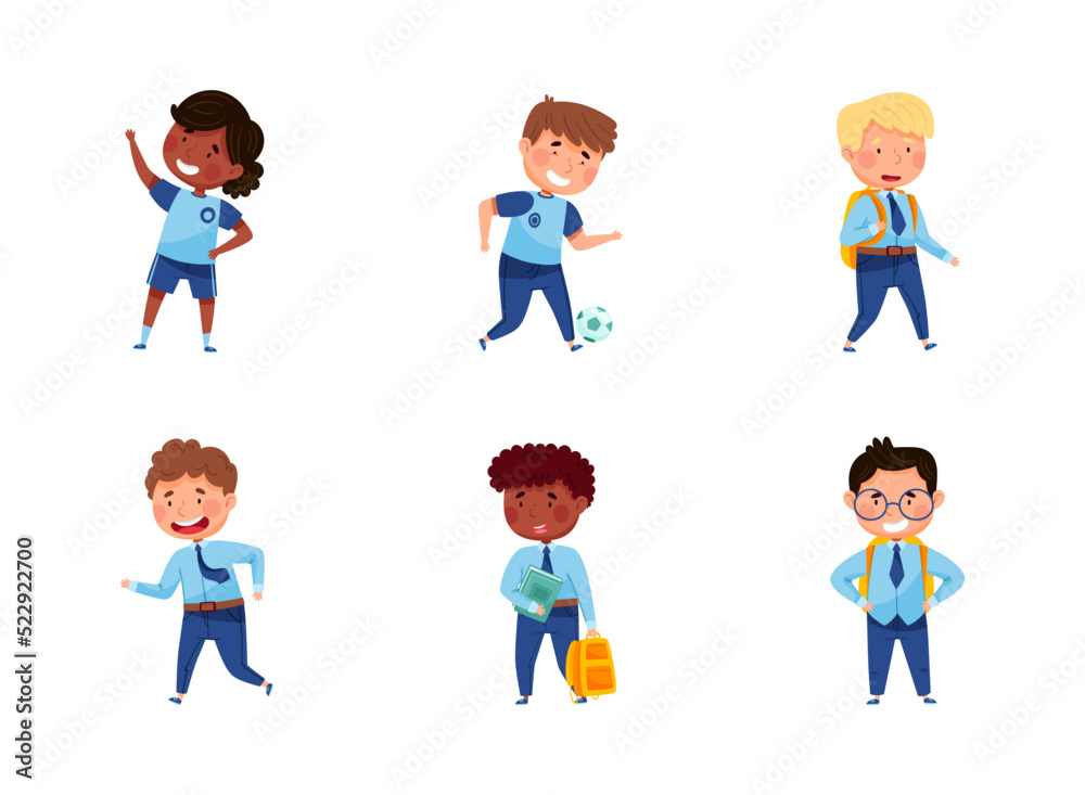 Back to School with Kids Wearing Blue Uniform and Tie Having Lesson Vector Set