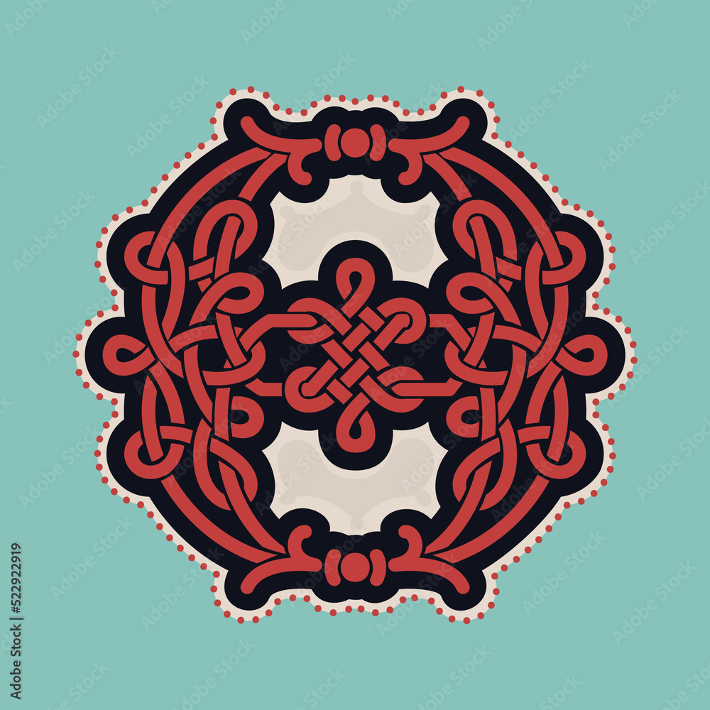 Number eight logo with Celtic knots, spiral lines, and red dots. Dim colored medieval initial.
