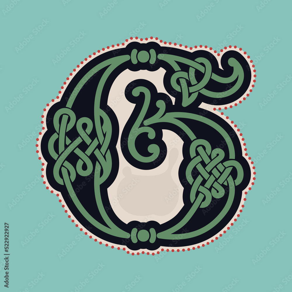 Obraz premium G letter logo with Celtic knots, spiral lines, and red dots. Dim colored medieval initial.