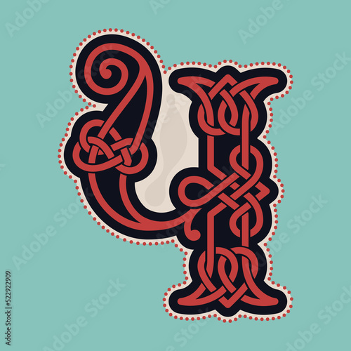 Number four logo with Celtic knots, spiral lines, and red dots. Dim colored medieval initial.