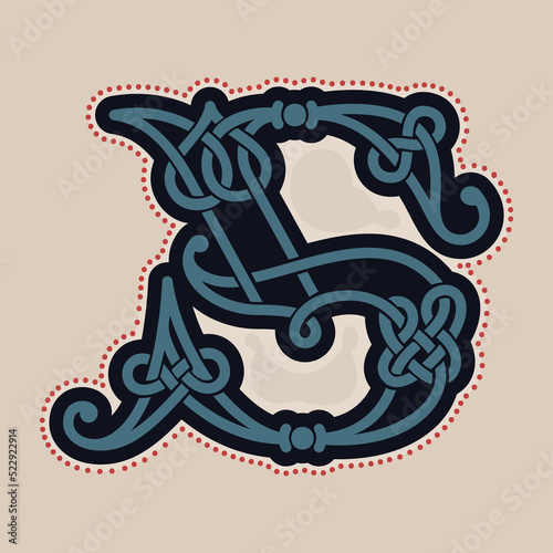 Number five logo with Celtic knots, spiral lines, and red dots. Dim colored medieval initial.