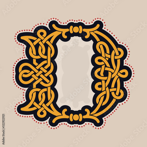 D letter logo with Celtic knots, spiral lines, and red dots. Dim colored medieval initial.