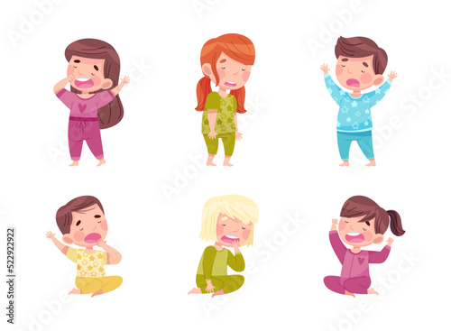 Sleepy Little Boy and Girl Wearing Pajamas Stretching and Yawning Vector Set