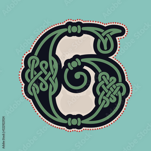 Number six logo with Celtic knots, spiral lines, and red dots. Dim colored medieval initial.
