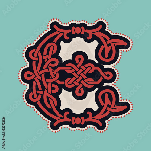 E letter logo with Celtic knots, spiral lines, and red dots. Dim colored medieval initial.