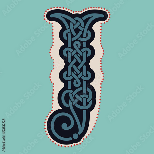 J letter logo with Celtic knots, spiral lines, and red dots. Dim colored medieval initial.